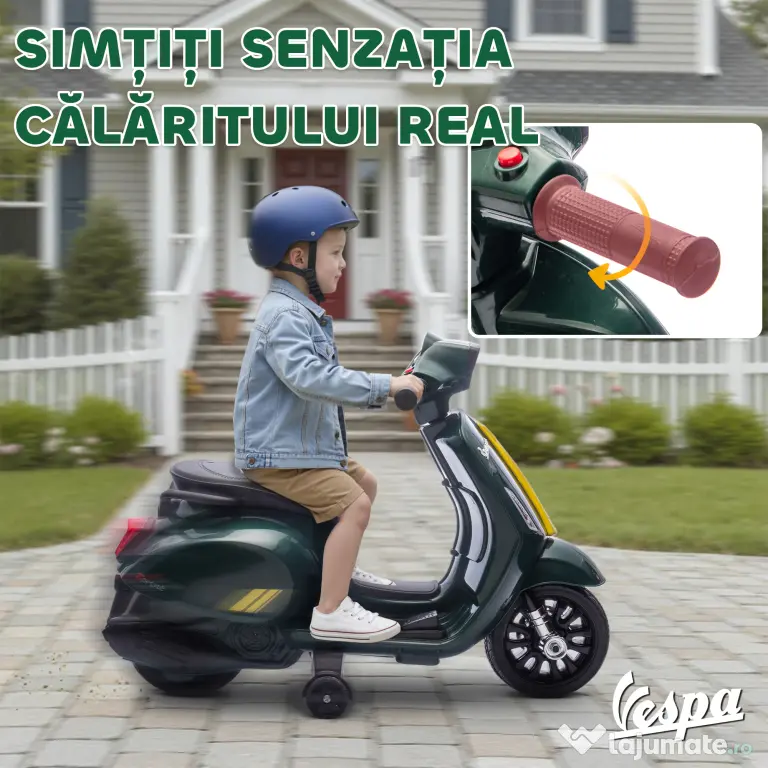 AIYAPLAY Motocicletă Electrică pentru Copii cu Licență Vespa, Baterie Reîncărcabilă 6V, Roți Laterale și Lumini, Vârsta 2-6 Ani, Verde Închis | Aosom Romania