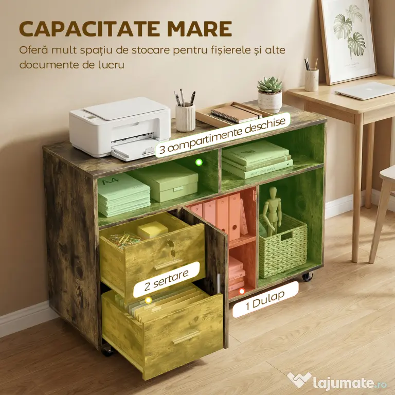 HOMCOM Dulap pentru Imprimantă pe Roți cu 2 Sertare, Încuietoare cu Cheie, 3 Rafturi și Dulap, pentru Documente de Birou și Studiu, 100x35x65 cm, Maro Rustic | Aosom Romania
