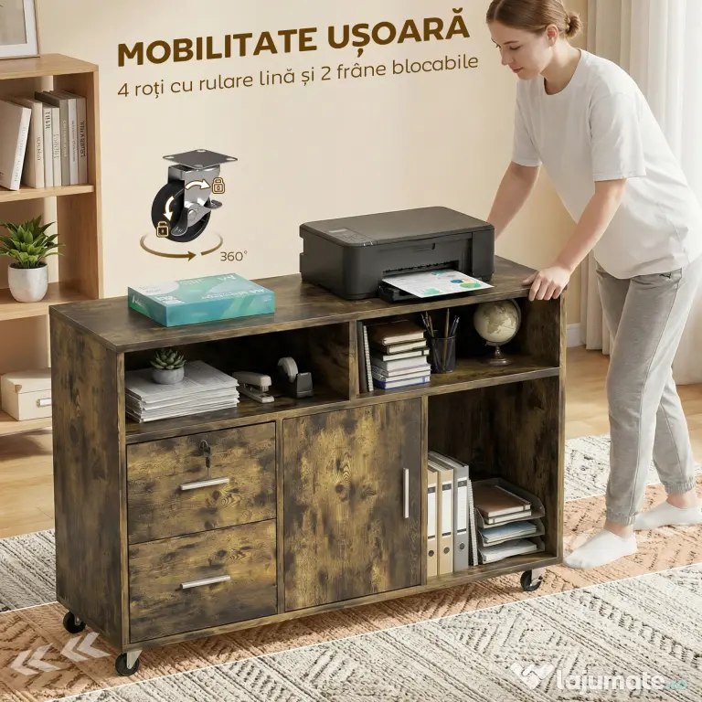 HOMCOM Dulap pentru Imprimantă pe Roți cu 2 Sertare, Încuietoare cu Cheie, 3 Rafturi și Dulap, pentru Documente de Birou și Studiu, 100x35x65 cm, Maro Rustic | Aosom Romania