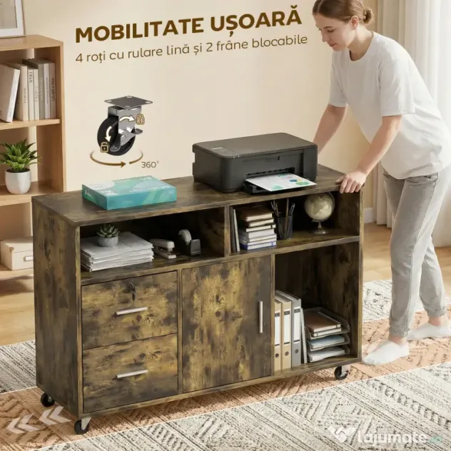 HOMCOM Dulap pentru Imprimantă pe Roți cu 2 Sertare, Încuietoare cu Cheie, 3 Rafturi și Dulap, pentru Documente de Birou și Studiu, 100x35x65 cm, Maro Rustic | Aosom Romania