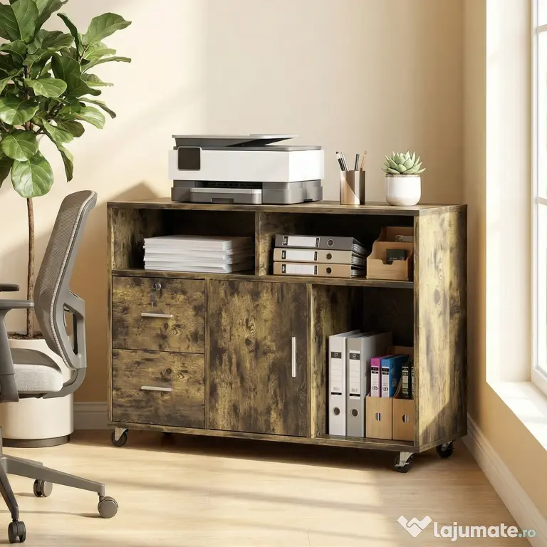 HOMCOM Dulap pentru Imprimantă pe Roți cu 2 Sertare, Încuietoare cu Cheie, 3 Rafturi și Dulap, pentru Documente de Birou și Studiu, 100x35x65 cm, Maro Rustic | Aosom Romania