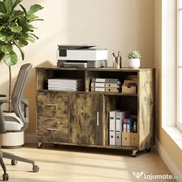 HOMCOM Dulap pentru Imprimantă pe Roți cu 2 Sertare, Încuietoare cu Cheie, 3 Rafturi și Dulap, pentru Documente de Birou și Studiu, 100x35x65 cm, Maro Rustic | Aosom Romania