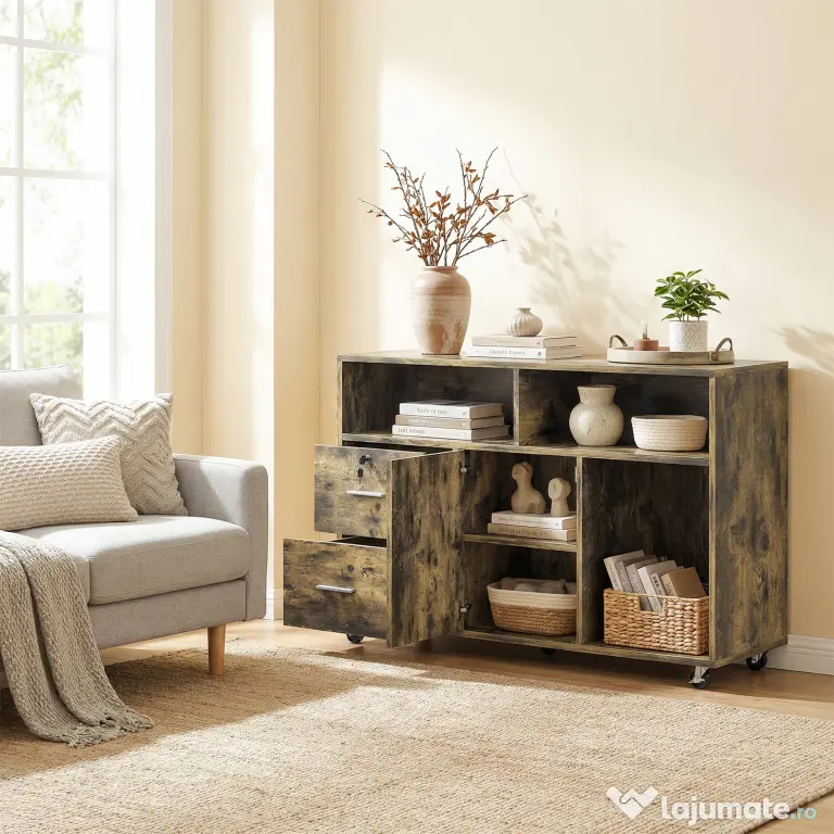 HOMCOM Dulap pentru Imprimantă pe Roți cu 2 Sertare, Încuietoare cu Cheie, 3 Rafturi și Dulap, pentru Documente de Birou și Studiu, 100x35x65 cm, Maro Rustic | Aosom Romania