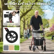 HOMCOM Deambulator cu Scaun și Spătar pentru Vârstnici Pliabil, Reglabil pe Înălțime, Suport pentru Baston, Roșu | Aosom Romania