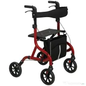 HOMCOM Deambulator cu Scaun și Spătar pentru Vârstnici Pliabil, Reglabil pe Înălțime, Suport pentru Baston, Roșu