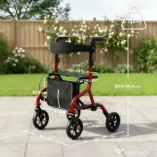 HOMCOM Deambulator cu Scaun și Spătar pentru Vârstnici Pliabil, Reglabil pe Înălțime, Suport pentru Baston, Roșu