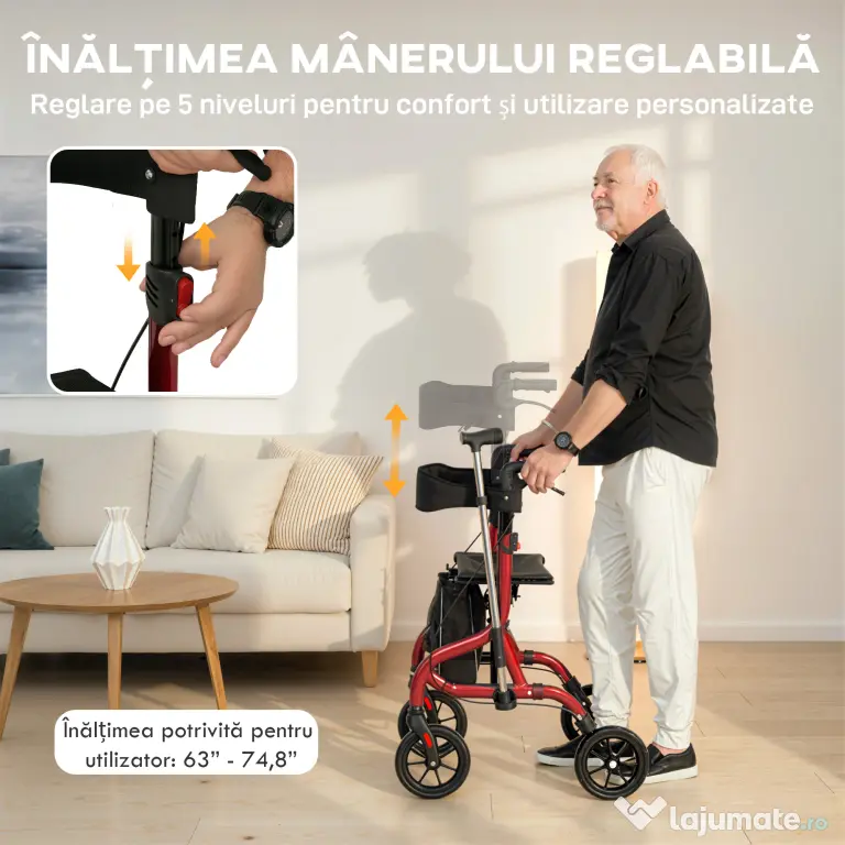 HOMCOM Deambulator cu Scaun și Spătar pentru Vârstnici Pliabil, Reglabil pe Înălțime, Suport pentru Baston, Roșu