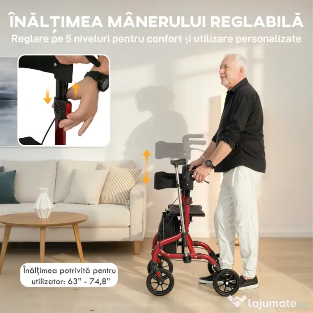HOMCOM Deambulator cu Scaun și Spătar pentru Vârstnici Pliabil, Reglabil pe Înălțime, Suport pentru Baston, Roșu