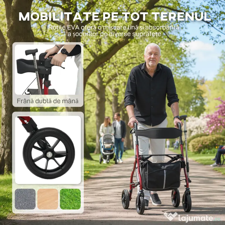 HOMCOM Deambulator cu Scaun și Spătar pentru Vârstnici Pliabil, Reglabil pe Înălțime, Suport pentru Baston, Roșu