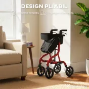 HOMCOM Deambulator cu Scaun și Spătar pentru Vârstnici Pliabil, Reglabil pe Înălțime, Suport pentru Baston, Roșu