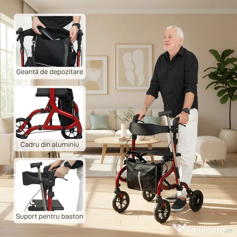 HOMCOM Deambulator cu Scaun și Spătar pentru Vârstnici Pliabil, Reglabil pe Înălțime, Suport pentru Baston, Roșu
