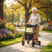 HOMCOM Deambulator cu Scaun și Spătar pentru Vârstnici Pliabil, Reglabil pe Înălțime, Suport pentru Baston, Roșu
