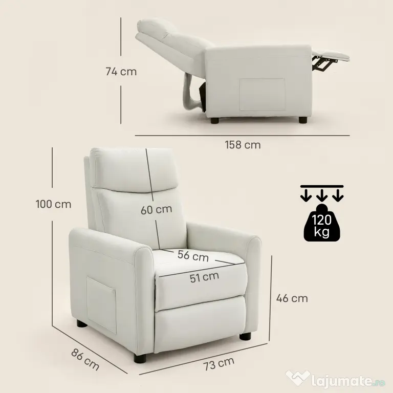 HOMCOM Fotoliu Reclinabil 135° max în Material cu Efect de In, Spumă, Oțel și Lemn, 73x86x100 cm, Crem | Aosom Romania