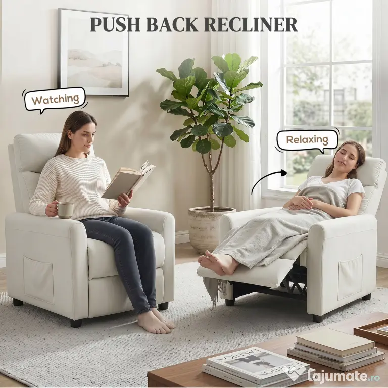 HOMCOM Fotoliu Reclinabil 135° max în Material cu Efect de In, Spumă, Oțel și Lemn, 73x86x100 cm, Crem | Aosom Romania