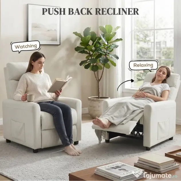 HOMCOM Fotoliu Reclinabil 135° max în Material cu Efect de In, Spumă, Oțel și Lemn, 73x86x100 cm, Crem | Aosom Romania