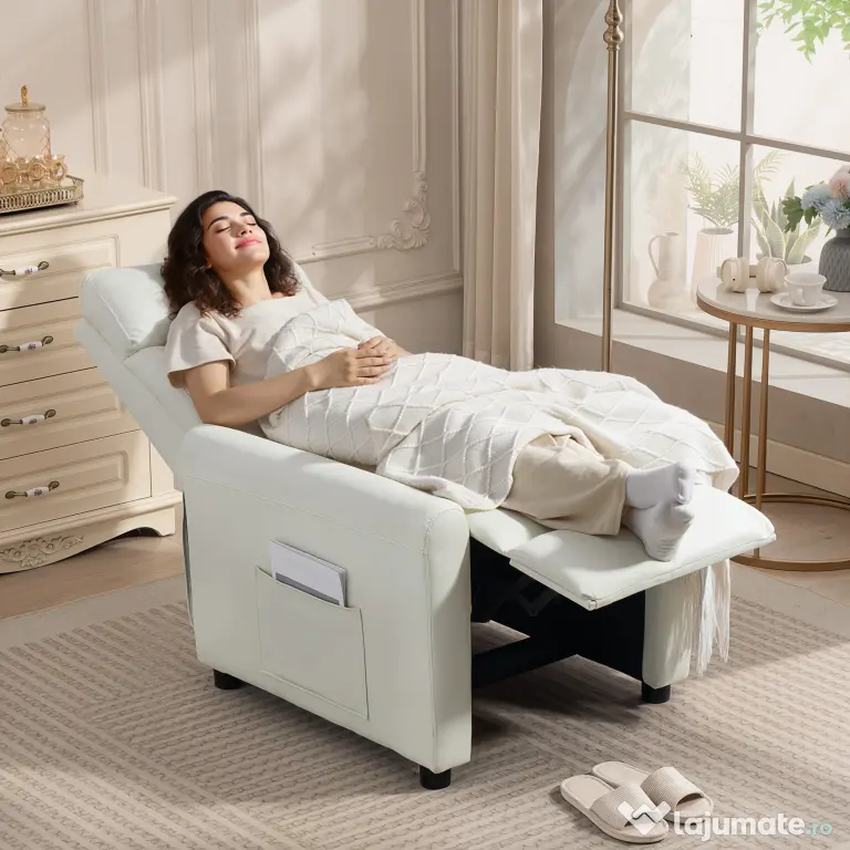 HOMCOM Fotoliu Reclinabil 135° max în Material cu Efect de In, Spumă, Oțel și Lemn, 73x86x100 cm, Crem | Aosom Romania