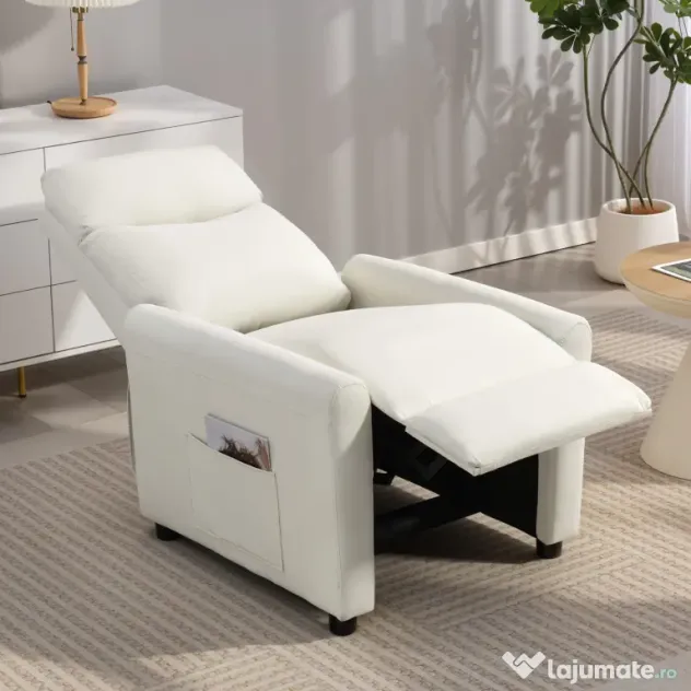HOMCOM Fotoliu Reclinabil 135° max în Material cu Efect de In, Spumă, Oțel și Lemn, 73x86x100 cm, Crem | Aosom Romania
