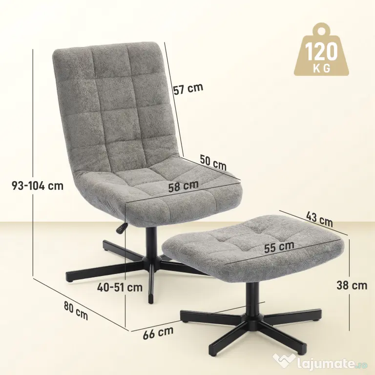 HOMCOM Scaun reclinabil pe 4 niveluri cu otoman separat în efect de catifea, 66x80x93-104 cm, Gri | Aosom Romania