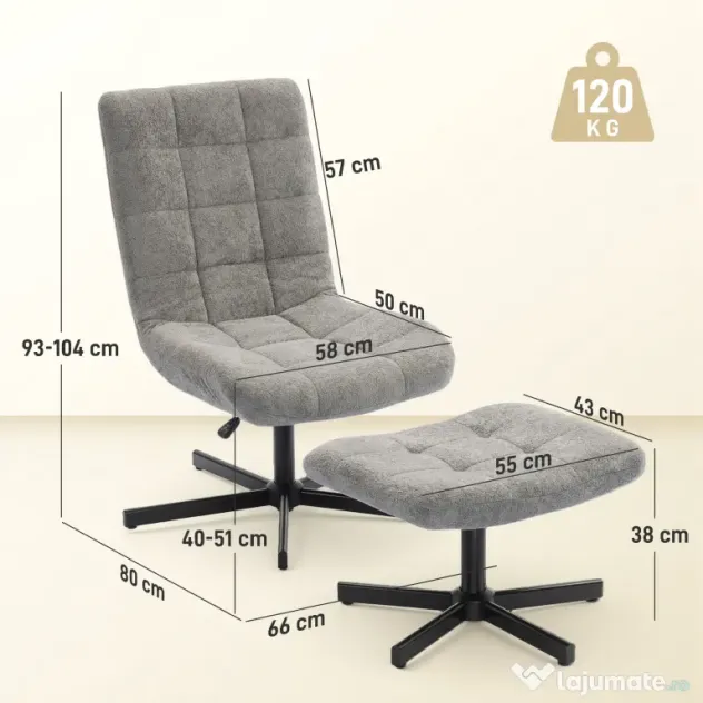 HOMCOM Scaun reclinabil pe 4 niveluri cu otoman separat în efect de catifea, 66x80x93-104 cm, Gri | Aosom Romania
