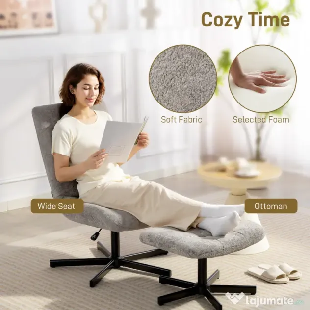 HOMCOM Scaun reclinabil pe 4 niveluri cu otoman separat în efect de catifea, 66x80x93-104 cm, Gri | Aosom Romania