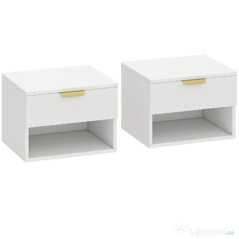 HOMCOM Set de 2 Noptiere Suspendate cu Panouri Canelate, Sertar și Raft, 40x34x29 cm, Alb | Aosom Romania