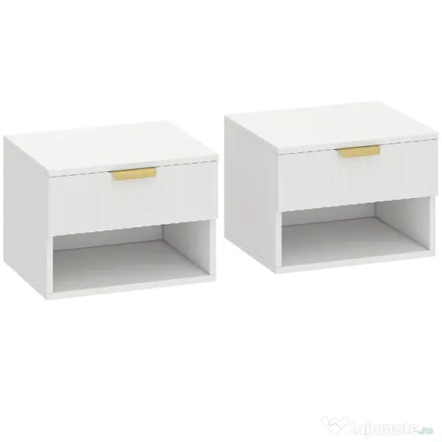 HOMCOM Set de 2 Noptiere Suspendate cu Panouri Canelate, Sertar și Raft, 40x34x29 cm, Alb | Aosom Romania
