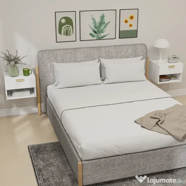 HOMCOM Set de 2 Noptiere Suspendate cu Panouri Canelate, Sertar și Raft, 40x34x29 cm, Alb | Aosom Romania