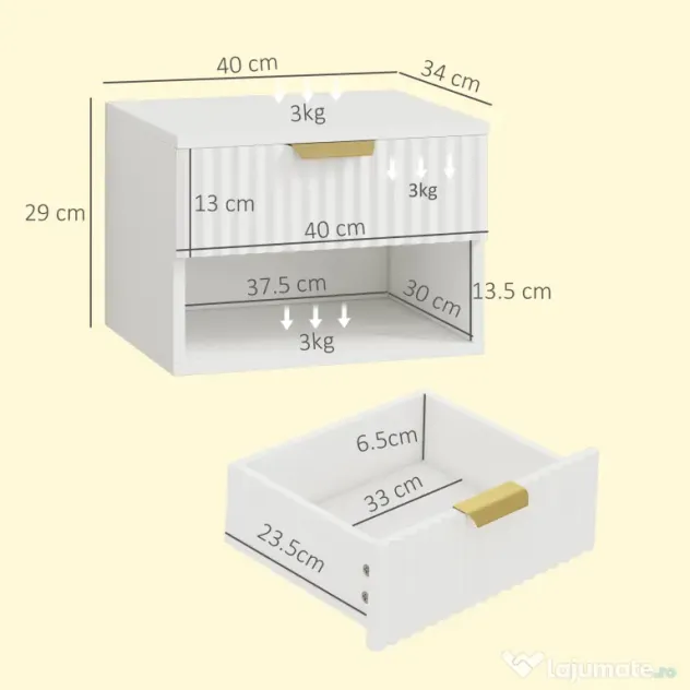 HOMCOM Set de 2 Noptiere Suspendate cu Panouri Canelate, Sertar și Raft, 40x34x29 cm, Alb | Aosom Romania