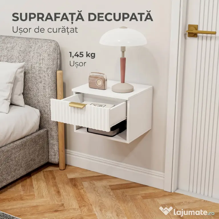 HOMCOM Set de 2 Noptiere Suspendate cu Panouri Canelate, Sertar și Raft, 40x34x29 cm, Alb | Aosom Romania