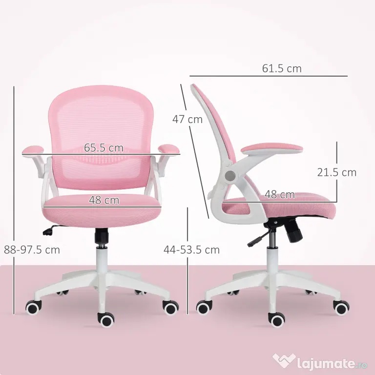 Vinsetto Scaun de Birou Ergonomic, Reglabil, cu Spătar din Plasă și Scaun Captusit, 65.5x61.5x88-97.5 cm, Roz | Aosom Romania