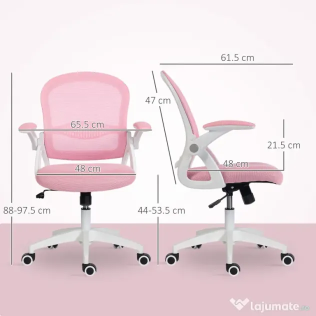 Vinsetto Scaun de Birou Ergonomic, Reglabil, cu Spătar din Plasă și Scaun Captusit, 65.5x61.5x88-97.5 cm, Roz | Aosom Romania