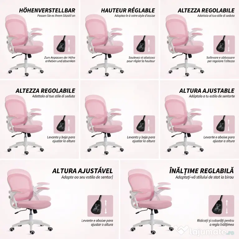 Vinsetto Scaun de Birou Ergonomic, Reglabil, cu Spătar din Plasă și Scaun Captusit, 65.5x61.5x88-97.5 cm, Roz | Aosom Romania