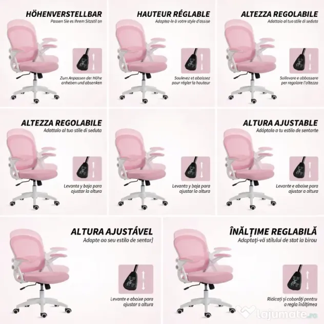 Vinsetto Scaun de Birou Ergonomic, Reglabil, cu Spătar din Plasă și Scaun Captusit, 65.5x61.5x88-97.5 cm, Roz | Aosom Romania
