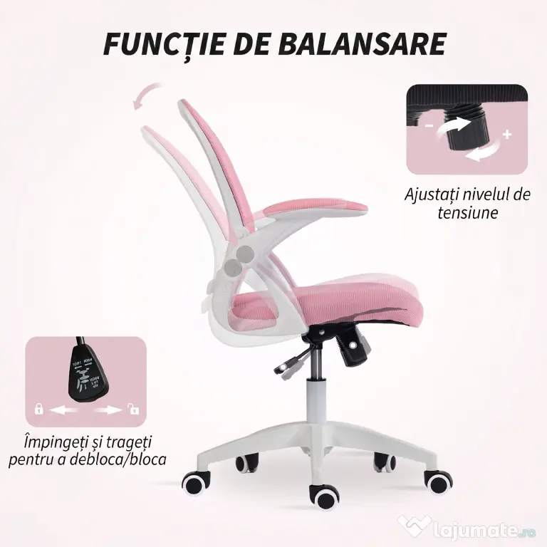 Vinsetto Scaun de Birou Ergonomic, Reglabil, cu Spătar din Plasă și Scaun Captusit, 65.5x61.5x88-97.5 cm, Roz | Aosom Romania