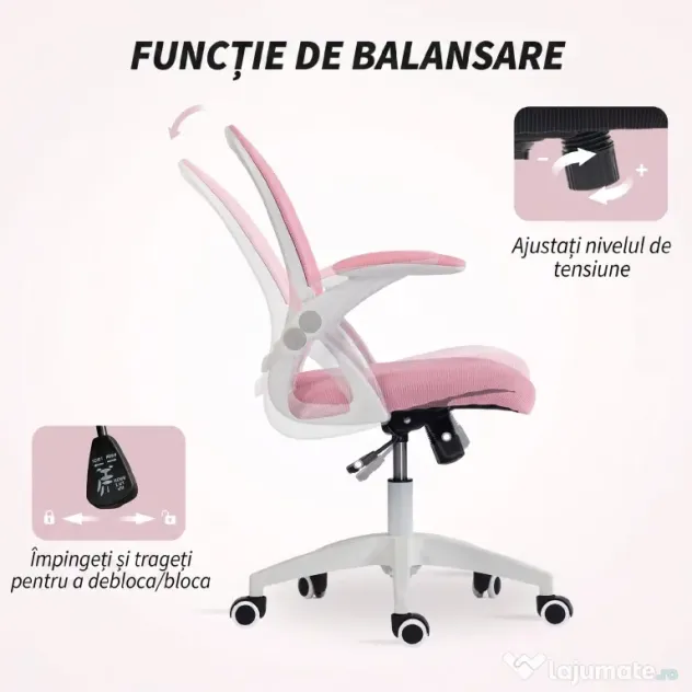 Vinsetto Scaun de Birou Ergonomic, Reglabil, cu Spătar din Plasă și Scaun Captusit, 65.5x61.5x88-97.5 cm, Roz | Aosom Romania