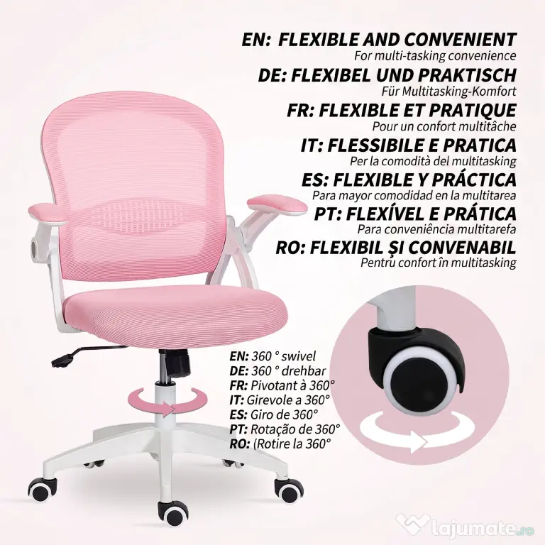 Vinsetto Scaun de Birou Ergonomic, Reglabil, cu Spătar din Plasă și Scaun Captusit, 65.5x61.5x88-97.5 cm, Roz | Aosom Romania