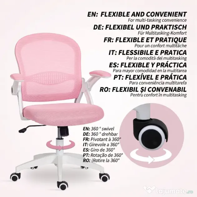 Vinsetto Scaun de Birou Ergonomic, Reglabil, cu Spătar din Plasă și Scaun Captusit, 65.5x61.5x88-97.5 cm, Roz | Aosom Romania