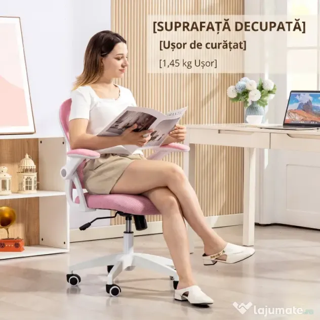 Vinsetto Scaun de Birou Ergonomic, Reglabil, cu Spătar din Plasă și Scaun Captusit, 65.5x61.5x88-97.5 cm, Roz | Aosom Romania