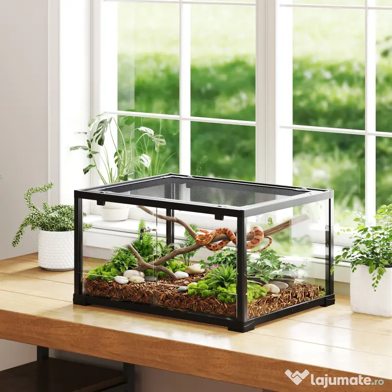 PawHut Terariu pentru Reptile Rialzato 60x45x32 cm cu Dublă Serratura, Ușă pentru Alimentare, Ventilație și Vizualizare a 360°, Rettilario cu Plasă Metalică pentru Șopârle, Păianjeni, Gecko, Șerpi, Negru | Aosom Romania