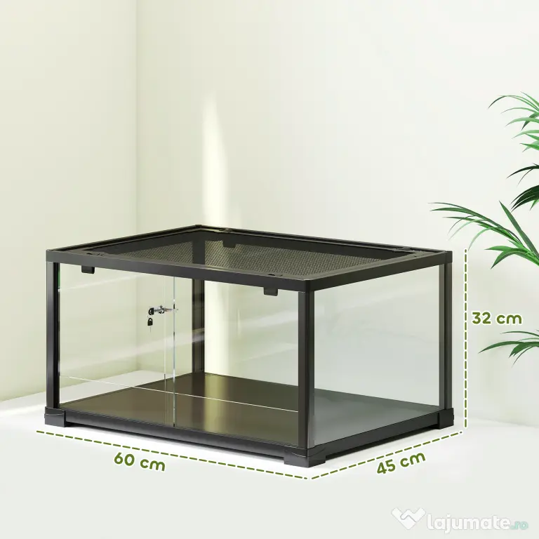 PawHut Terariu pentru Reptile Rialzato 60x45x32 cm cu Dublă Serratura, Ușă pentru Alimentare, Ventilație și Vizualizare a 360°, Rettilario cu Plasă Metalică pentru Șopârle, Păianjeni, Gecko, Șerpi, Negru | Aosom Romania