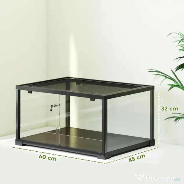 PawHut Terariu pentru Reptile Rialzato 60x45x32 cm cu Dublă Serratura, Ușă pentru Alimentare, Ventilație și Vizualizare a 360°, Rettilario cu Plasă Metalică pentru Șopârle, Păianjeni, Gecko, Șerpi, Negru | Aosom Romania