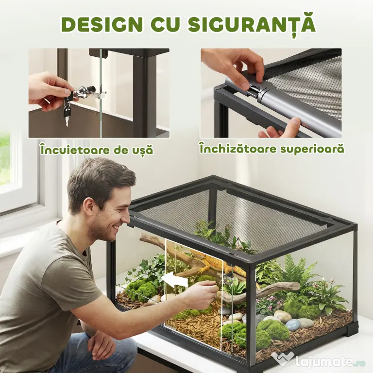 PawHut Terariu pentru Reptile Rialzato 60x45x32 cm cu Dublă Serratura, Ușă pentru Alimentare, Ventilație și Vizualizare a 360°, Rettilario cu Plasă Metalică pentru Șopârle, Păianjeni, Gecko, Șerpi, Negru | Aosom Romania