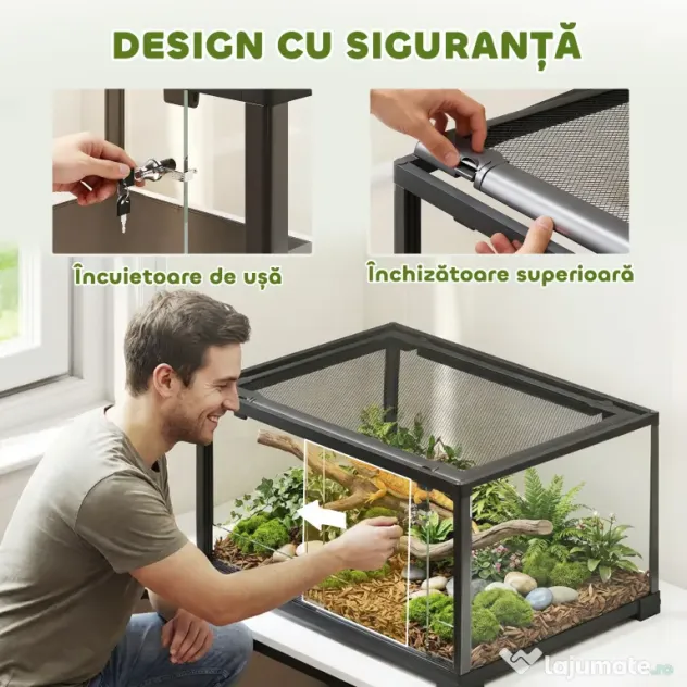 PawHut Terariu pentru Reptile Rialzato 60x45x32 cm cu Dublă Serratura, Ușă pentru Alimentare, Ventilație și Vizualizare a 360°, Rettilario cu Plasă Metalică pentru Șopârle, Păianjeni, Gecko, Șerpi, Negru | Aosom Romania