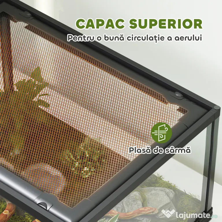 PawHut Terariu pentru Reptile Rialzato 60x45x32 cm cu Dublă Serratura, Ușă pentru Alimentare, Ventilație și Vizualizare a 360°, Rettilario cu Plasă Metalică pentru Șopârle, Păianjeni, Gecko, Șerpi, Negru | Aosom Romania