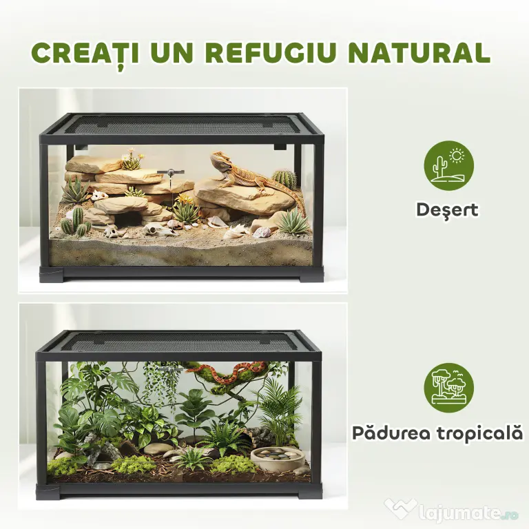 PawHut Terariu pentru Reptile Rialzato 60x45x32 cm cu Dublă Serratura, Ușă pentru Alimentare, Ventilație și Vizualizare a 360°, Rettilario cu Plasă Metalică pentru Șopârle, Păianjeni, Gecko, Șerpi, Negru | Aosom Romania