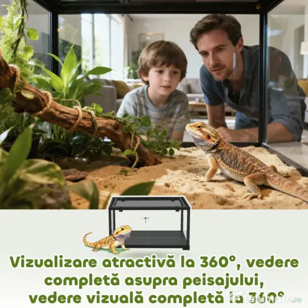 PawHut Terariu pentru Reptile Rialzato 60x45x32 cm cu Dublă Serratura, Ușă pentru Alimentare, Ventilație și Vizualizare a 360°, Rettilario cu Plasă Metalică pentru Șopârle, Păianjeni, Gecko, Șerpi, Negru | Aosom Romania