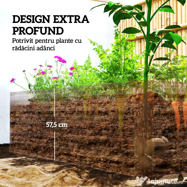 Outsunny Pat pentru Grădină Ridicat cu Fund Deschis și Bare de Suport, Ghiveci din Oțel Zincat pentru Flori și Legume, pentru Balcon sau Grădină, 180x90x57,5 cm, Maro Închis | Aosom Romania