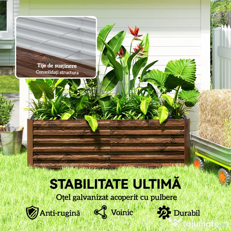 Outsunny Pat pentru Grădină Ridicat cu Fund Deschis și Bare de Suport, Ghiveci din Oțel Zincat pentru Flori și Legume, pentru Balcon sau Grădină, 180x90x57,5 cm, Maro Închis | Aosom Romania