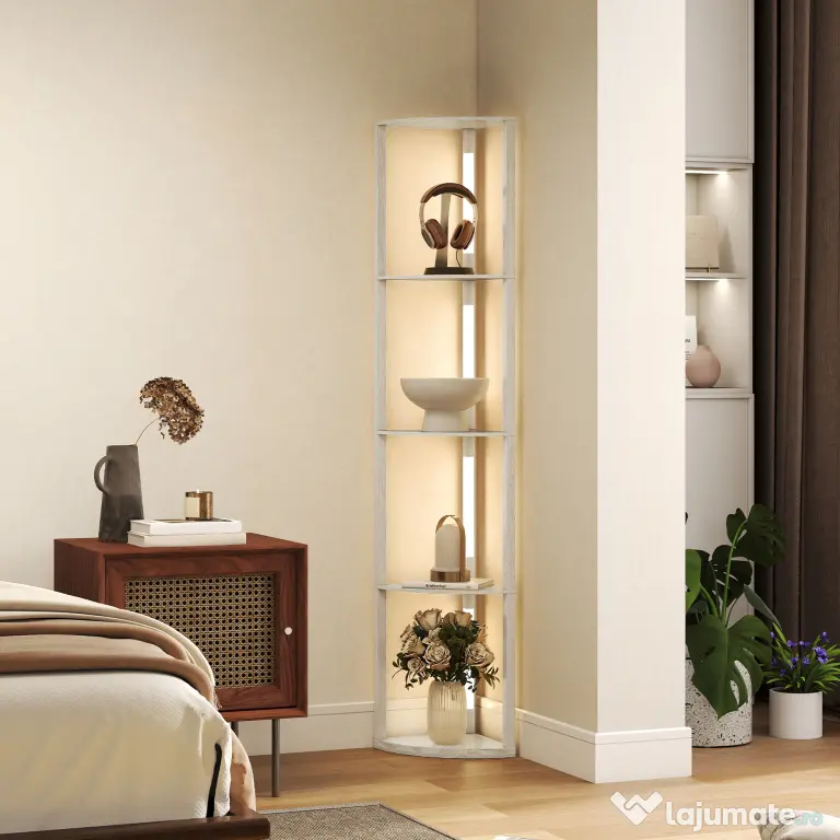 HOMCOM Lampadar Podea LED, 4 Rafturi, Lumină Reglabilă 3000K, MDF, 41x29,5x163,5 cm, Stejar | Aosom Romania