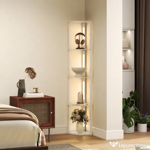 HOMCOM Lampadar Podea LED, 4 Rafturi, Lumină Reglabilă 3000K, MDF, 41x29,5x163,5 cm, Stejar | Aosom Romania